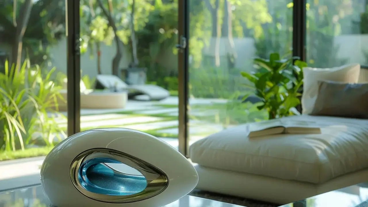 Appareil futuriste au design épuré, son rôle de l'évaporateur frigorifique est de rafraîchir l'air ambiant d'un salon moderne donnant sur un jardin luxuriant.