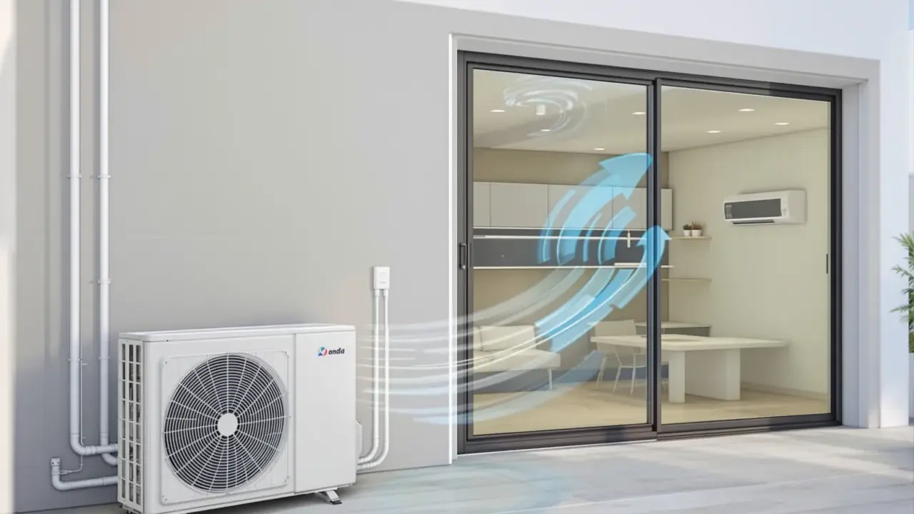 Unité extérieure d'un système de chauffage clim réversible, diffusant de l'air frais dans une pièce par une baie vitrée.