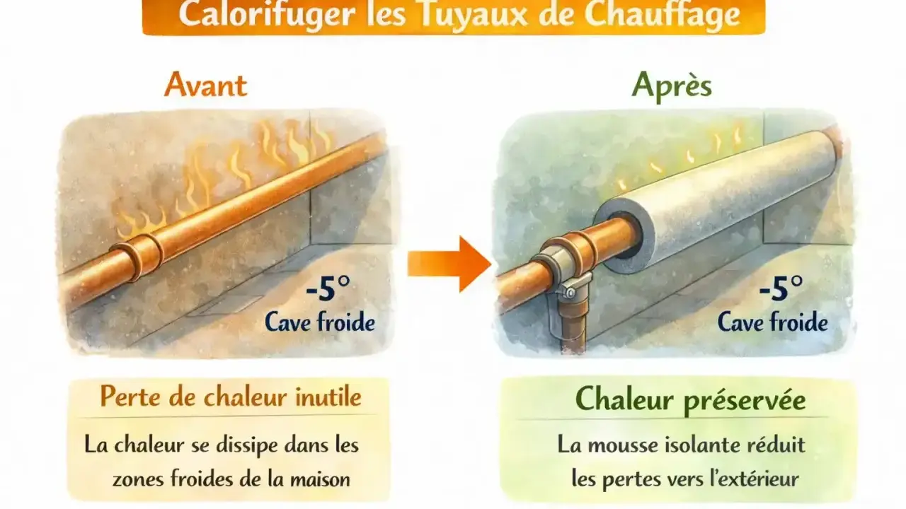 Avant/Après : calorifuger les tuyaux de chauffage pour éviter la perte de chaleur dans une cave froide.