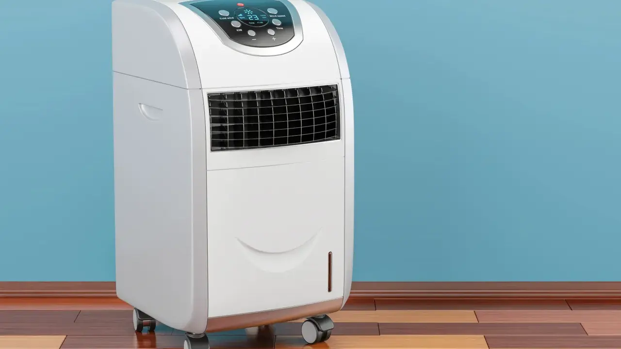 Climatiseur mobile 15000 BTU blanc sur roulettes, avec écran LED bleu affichant la température. Idéal pour rafraîchir votre intérieur.