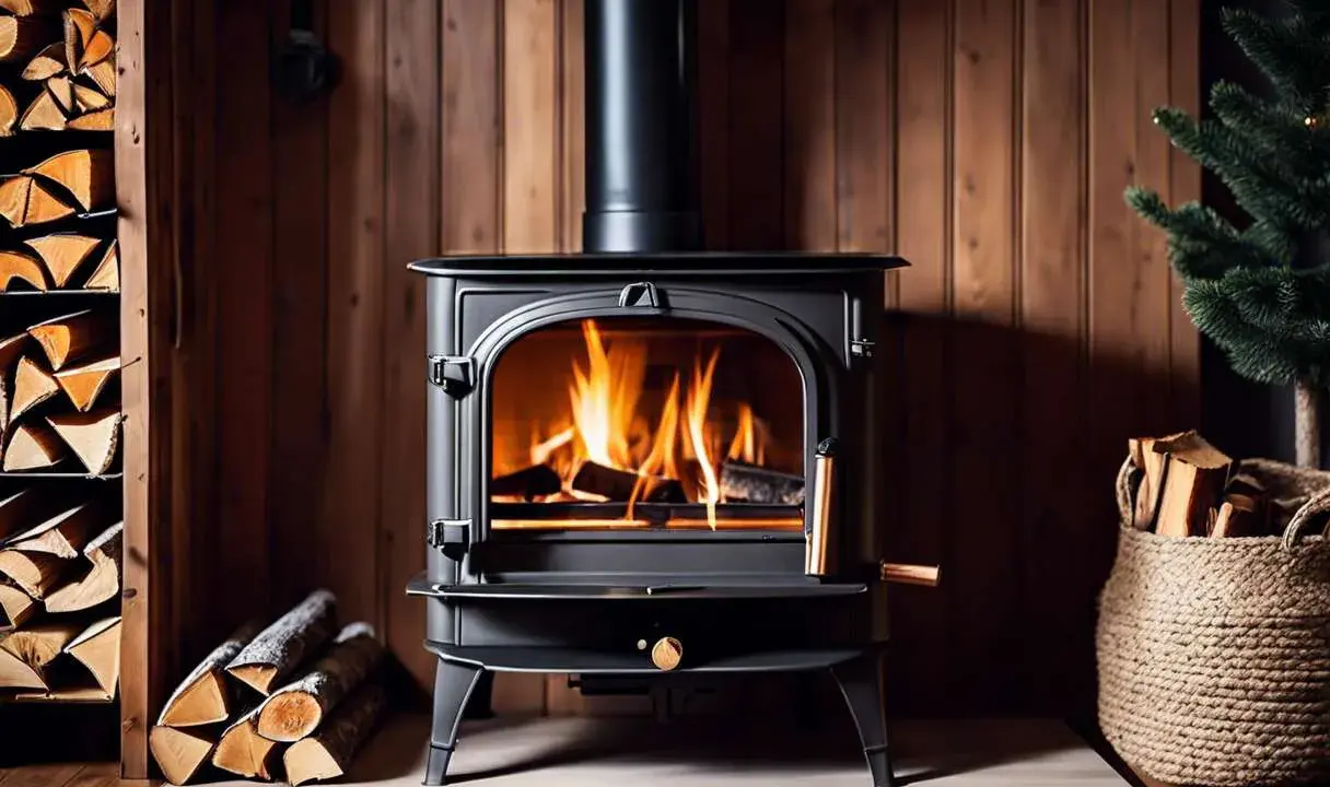 Un poêle à bois noir crache des flammes vives, réchauffant une pièce aux murs lambrissés. Du bois est empilé à gauche et dans un panier à droite, prêt pour le tirage poele a bois.