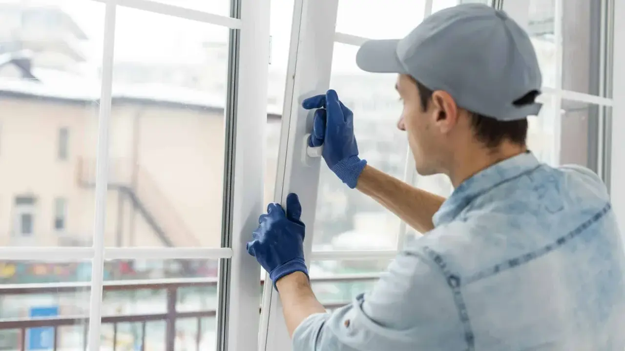 Un ouvrier ajuste une fenêtre pour isoler du froid. Il porte des gants bleus et une casquette grise.