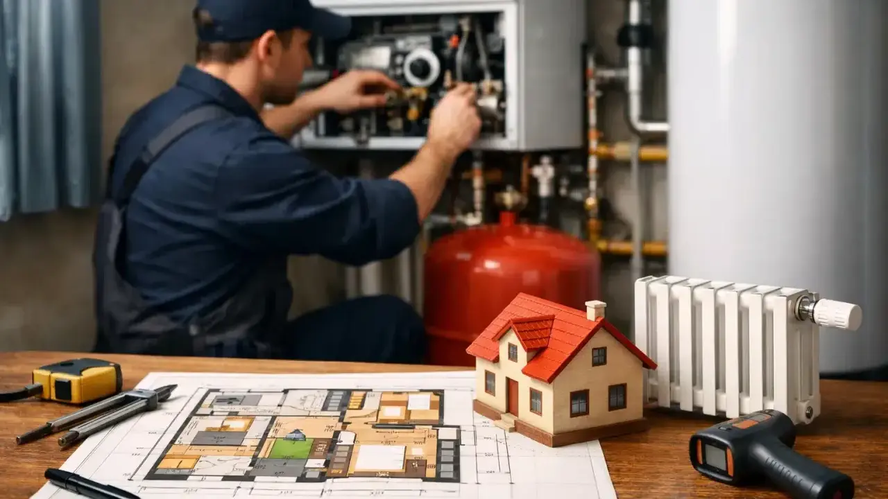 Planification du prix d'installation du chauffage pour une maison de 120m2. Un technicien travaille sur une chaudière.