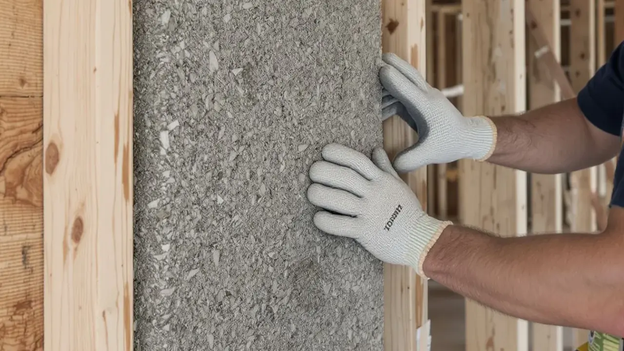 Pose d'isolant en laine de roche dans une structure en bois. Les avantages et inconvénients de ce matériau sont à considérer pour une isolation efficace.