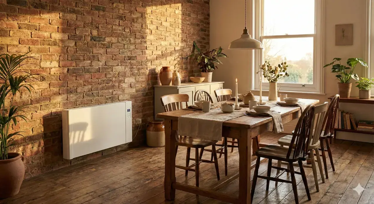 Chauffage moderne en pierre stéatite sur un mur de briques, réchauffant une salle à manger rustique avec une table en bois dressée.
