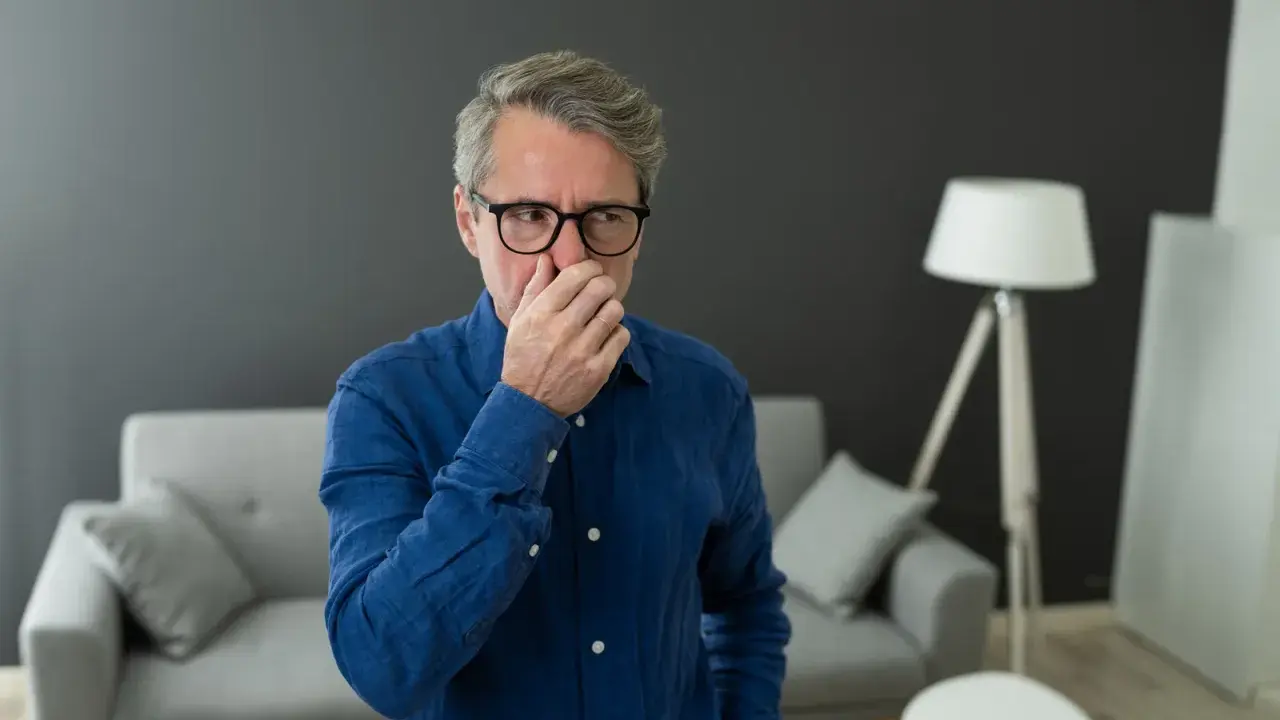 Homme d'âge mûr se pinçant le nez, visiblement incommodé par une mauvaise odeur de clim neuve dans son salon moderne.