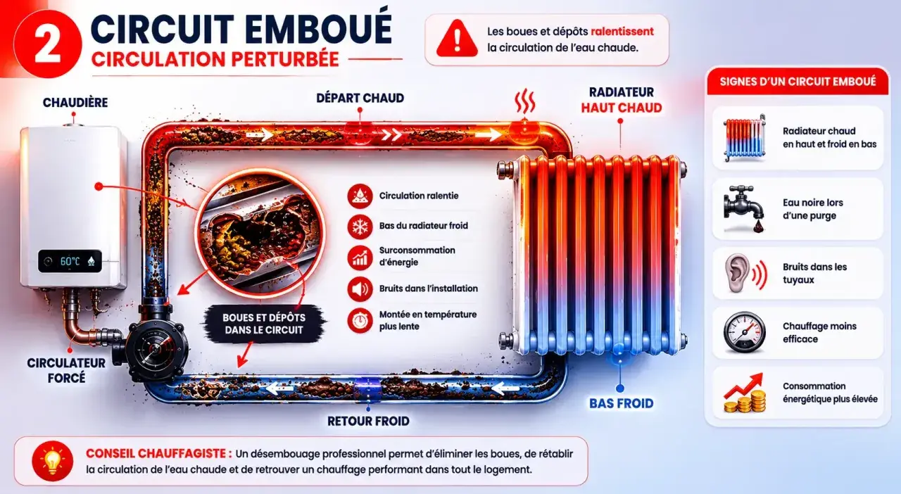 Schéma montrant comment les boues dans le circuit empêchent mes radiateurs de chauffer. L'eau chaude circule mal, le bas des radiateurs reste froid.