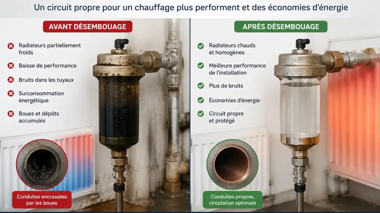 Avant/après désembouage radiateur : circuit encrassé vs propre, améliorant performance et économies d'énergie.