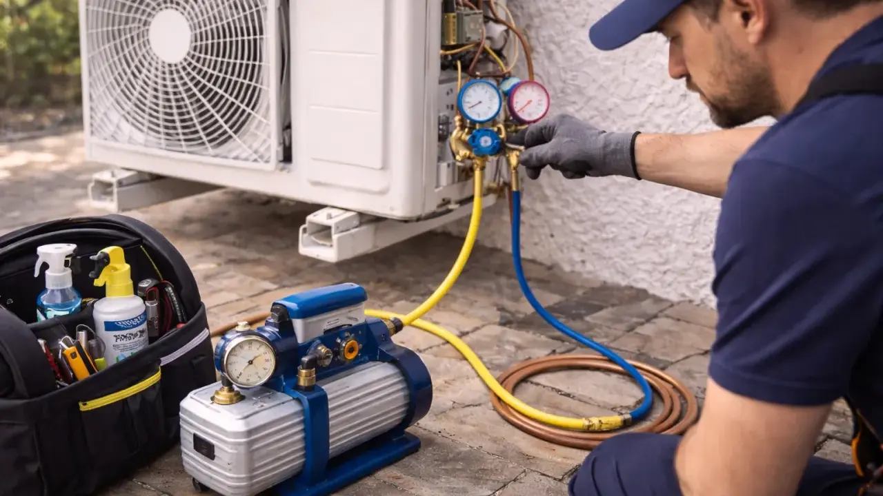 Technicien vérifiant la pression d'une clim. Il utilise un manomètre et des tuyaux pour savoir comment purger une clim sans pompe à vide.