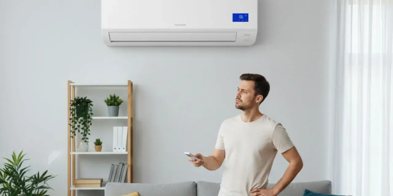 Un homme réfléchit à la question : faut-il laisser tourner une clim en permanence en mode chauffage ? Il tient une télécommande, regardant l'appareil mural.