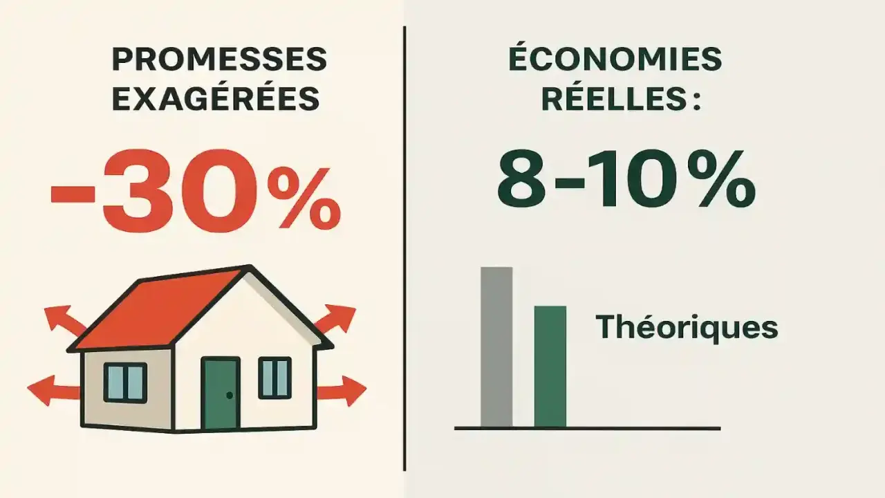 Comparaison des promesses d'isolation des combles : -30% théoriques vs 8-10% réels.