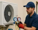 Un technicien vérifie la pression d'une unité extérieure de climatisation. C'est le bon moment pour savoir quand recharger clim maison.