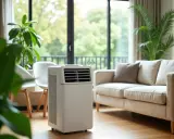 Climatiseur mobile blanc dans un salon lumineux, près d'un canapé beige et de plantes vertes. Idéal pour un confort optimal, même par temps chaud.