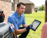 Un technicien discute du tarif dépannage climatisation avec un client, tablette à la main, près d'une unité extérieure.