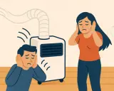 Un homme et une femme se bouchent les oreilles, dérangés par le niveau sonore d'un climatiseur mobile.