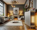 Un élégant salon moderne avec un canapé confortable, une cheminée et un radiateur électrique au design unique, illuminé de l'intérieur.
