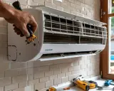 Main d'un technicien branchant un appareil Daikin. Prêt pour le mode chauffage clim Daikin.