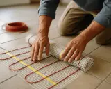 Pose d'un tapis chauffant pour plancher chauffant. La colle spéciale est prête pour la pose du carrelage.