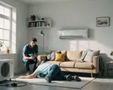 Deux hommes s'occupent d'une unité extérieure de climatisation, peut-être en raison d'une panne de climatisation. L'un est penché sur l'appareil, l'autre consulte une tablette.