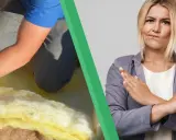 Comparatif isolant : pose de laine de verre et femme faisant un signe d'arrêt.