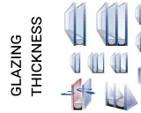 Illustrations de différentes épaisseurs de double vitrage, avec texte "GLAZING THICKNESS".