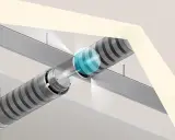 Schéma d'installation d'une clim réversible gainable : conduits métalliques fixés au plafond, avec une zone de diffusion d'air bleuée.