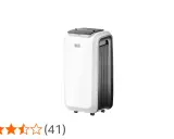 Climatiseur Black et Decker blanc et noir, sur roulettes, avec panneau de contrôle tactile sur le dessus.