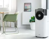 Le climatiseur pure blizzard, blanc et gris, trône dans un salon moderne aux côtés d'une plante verte et d'un tableau.