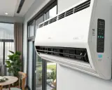 Climatisation murale blanche installée dans un appartement moderne, offrant confort et fraîcheur.