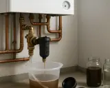 Nettoyage du circuit d'un plancher chauffant : de l'eau boueuse s'écoule d'un filtre vers un seau, montrant l'importance du désembouage.
