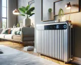 Radiateur moderne au design épuré, idéal pour un salon. Son écran affiche 20°C, suggérant le confort thermique.
