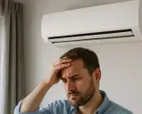 Un homme inquiet touche son front sous une unité de climatisation murale, peut-être en attendant une installation climatisation.