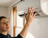 Une femme vérifie son clim qui souffle un air chaud, l'air désemparé.