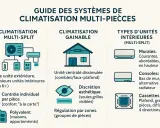 Guide des systèmes de climatisation multi-pièces : un split extérieur pour plusieurs unités intérieures, avec différents types d'unités intérieures (murales, consoles, cassettes).