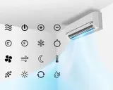 Climatiseur diffusant de l'air frais. Icônes de réglage : température, ventilateur, minuterie, et voyant flocon de neige signification de froid.