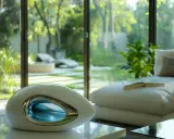 Appareil futuriste au design épuré, son rôle de l'évaporateur frigorifique est de rafraîchir l'air ambiant d'un salon moderne donnant sur un jardin luxuriant.