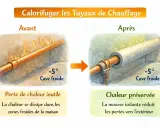 Avant/Après : calorifuger les tuyaux de chauffage pour éviter la perte de chaleur dans une cave froide.