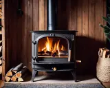 Un poêle à bois noir crache des flammes vives, réchauffant une pièce aux murs lambrissés. Du bois est empilé à gauche et dans un panier à droite, prêt pour le tirage poele a bois.