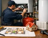 Planification du prix d'installation du chauffage pour une maison de 120m2. Un technicien travaille sur une chaudière.