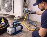 Technicien vérifiant la pression d'une clim. Il utilise un manomètre et des tuyaux pour savoir comment purger une clim sans pompe à vide.