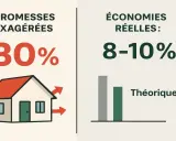 Comparaison des promesses d'isolation des combles : -30% théoriques vs 8-10% réels.