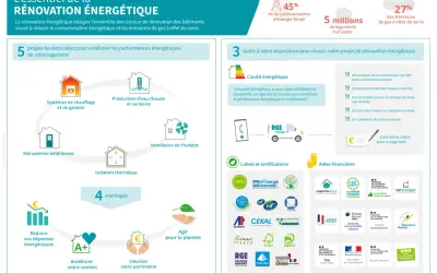Infographie sur la rénovation énergétique : 5 projets, 3 outils (dont l'audit énergétique), 4 avantages et aides financières.