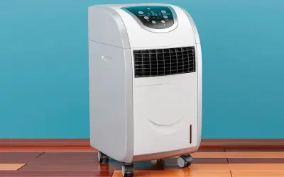Climatiseur mobile appartement blanc, sur roulettes, avec écran de contrôle bleu. Idéal pour rafraîchir votre espace.