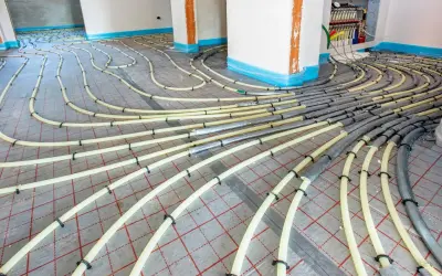 Installation de tubes pour un système de chauffage au sol. Les tuyaux jaunes sont fixés sur une grille rouge, prêts à être recouverts.