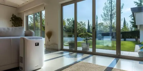 Climatiseur mobile 80m2 blanc, discret près d'un canapé, dans un salon lumineux avec vue sur jardin.