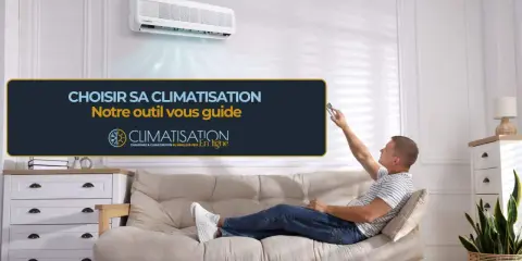 Un homme utilise une télécommande pour régler un climatiseur pour une pièce de 25m2. Le texte indique "Choisir sa climatisation".