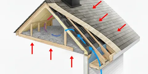Schéma d'une toiture froide montrant la ventilation et l'isolation. Les flèches indiquent le flux d'air et la chaleur.