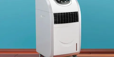 Climatiseur mobile appartement blanc, sur roulettes, avec écran de contrôle bleu. Idéal pour rafraîchir votre espace.