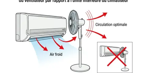 Schéma montrant le positionnement idéal d'un ventilateur pour une circulation optimale de l'air froid du climatiseur en mode auto.