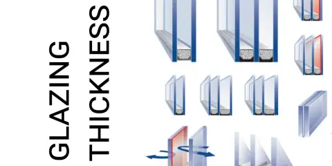 Illustrations de différentes épaisseurs de double vitrage, avec texte "GLAZING THICKNESS".